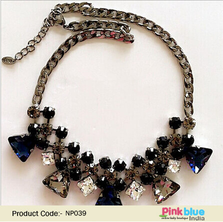 Sparkling Fashion Necklace with Blue and Brown Stones Arrangement