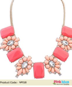 parkling Women Statement Necklace in Pink and Peach Beads and White Stones