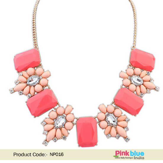 parkling Women Statement Necklace in Pink and Peach Beads and White Stones