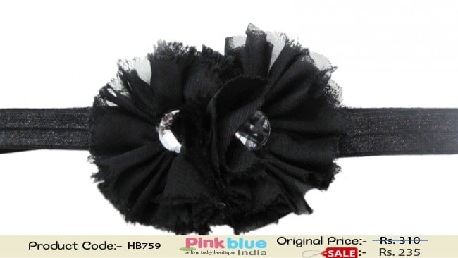 Stylish Infant Headband in Black with Two Flowers with Diamonds