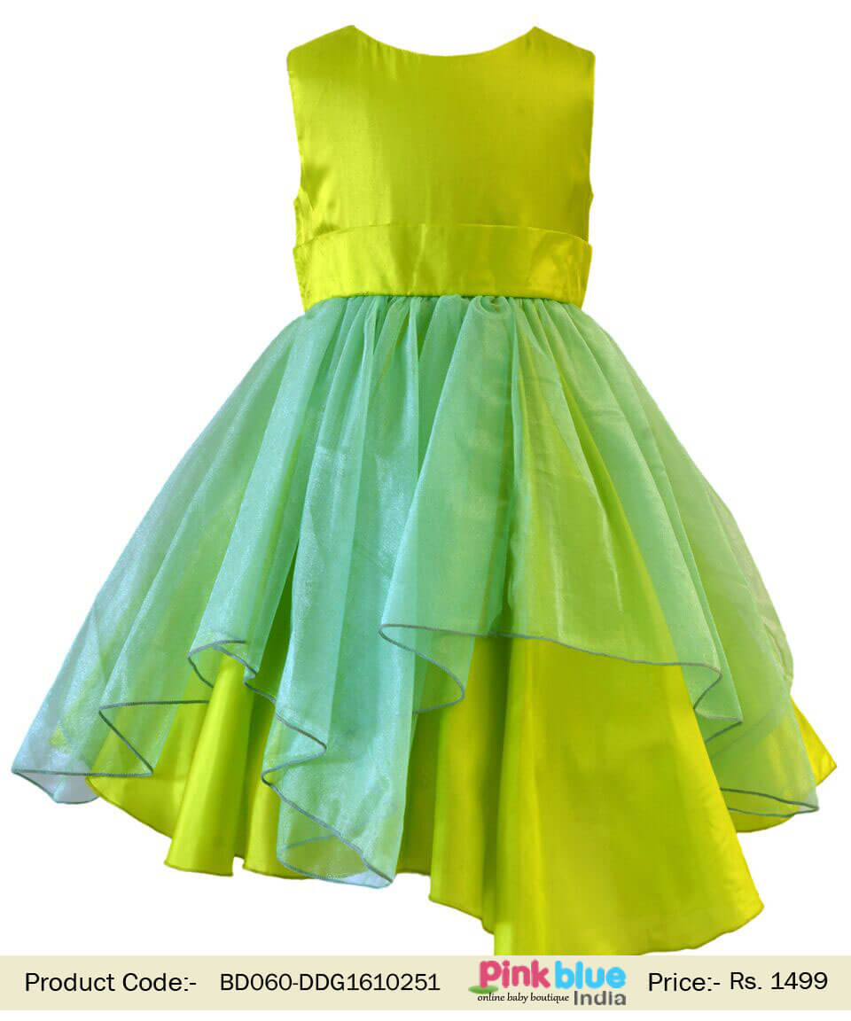 Green Kids Special Occasion Dress - Silk and Net Partywear Gown