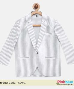 Summer Grey and White Vertical Striped Blazer for Boys