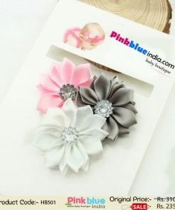 Three Flower Hair Band in Baby Pink, White and Grey for Newborn Princess