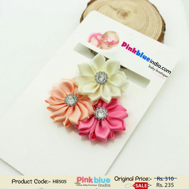 Three Flower Headband for Indian Infants in Cream, Peach and Pink Color