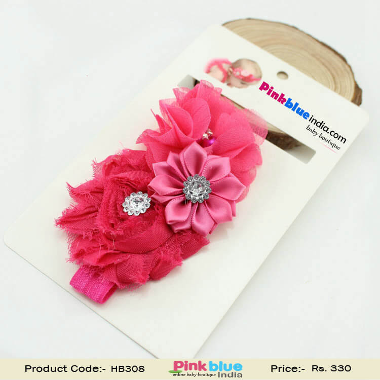 Elegant Hair Band with a Three Flowers in Hot Pink for Toddlers in India