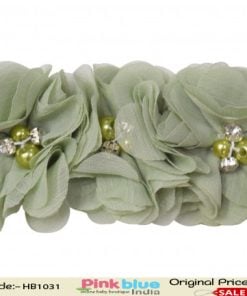 Three Flowers Olive Green Hair Band for Infant Girls with Cute Pearl