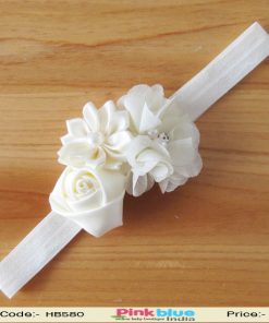 Three Off White Flowers Headband for Indian Infants with Pearl Embellishments