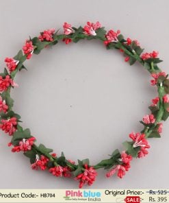 Shop Online Tiara Hair Band with Red Colored Floral Beads Bunches with Green Leaves