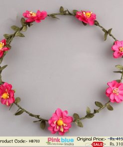 Beautiful Tiara Style Floral Hair Band for Toddlers in India with Dark Pink Flowers