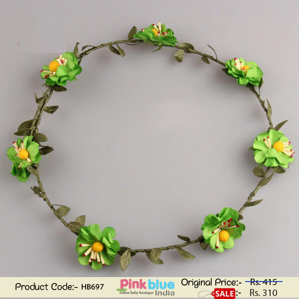 Tiara Style Princess headband with Sequence of Flowers in Green