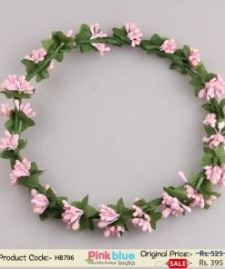 Tiara Style Baby Girls Hair Band with Baby Pink Beads Flowers and Green Leaves