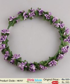 Tiara Style Baby Headband with Lavender Beads Flowers and Green Leaves
