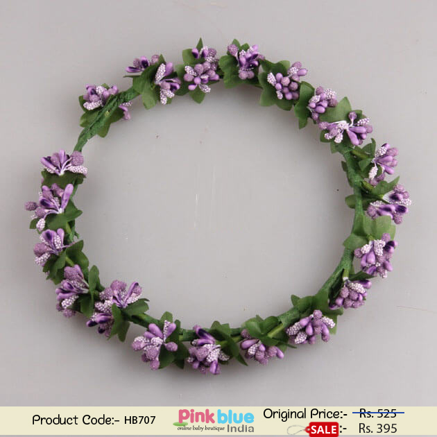 Tiara Style Baby Headband with Lavender Beads Flowers and Green Leaves