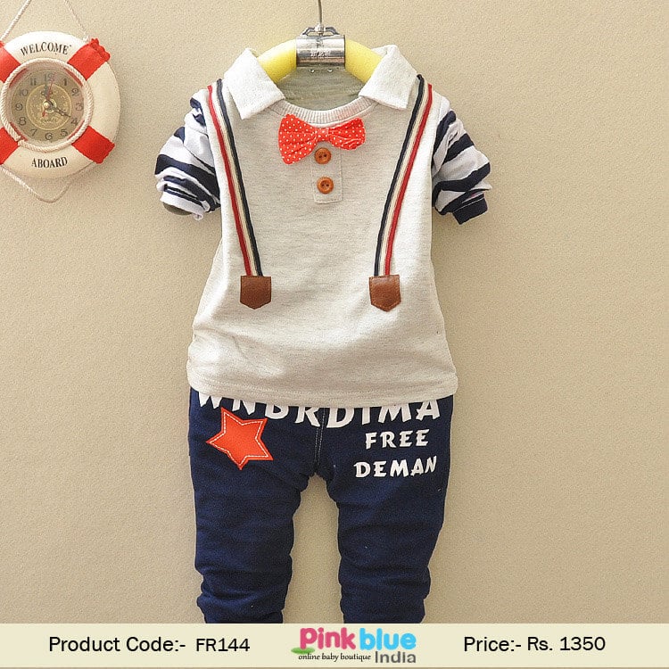 Toddler Baby Boy Suspender Style Party Outfit Set T-shirt and Blue Pant