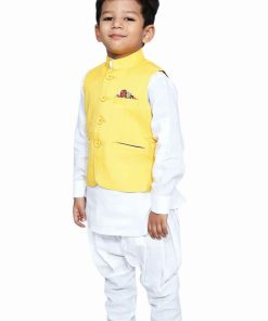 baby boy white kurta pyjama yellow waistcoat jacket