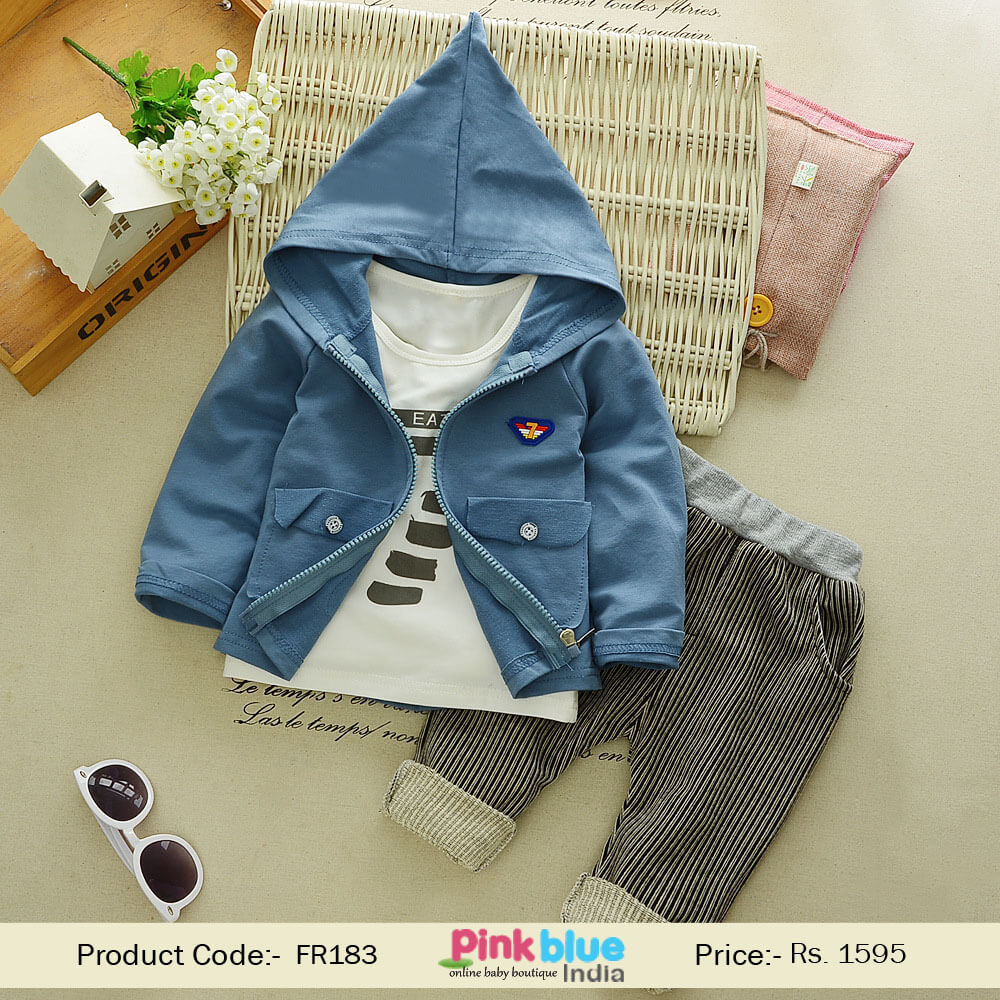 Toddler Kids Baby Boys Outfits Blue Zipper Hooded Tops, Pants Online India