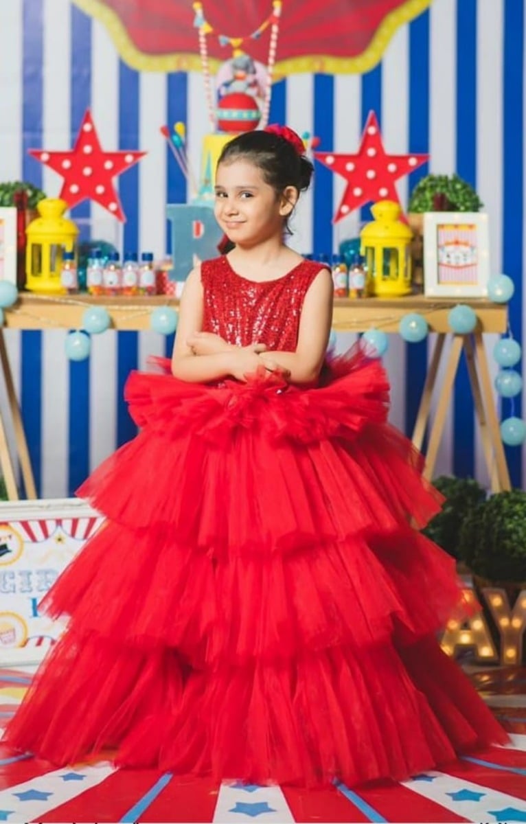Toy Balloon Kids Red Full Length Girls Party Wear Gown Dress