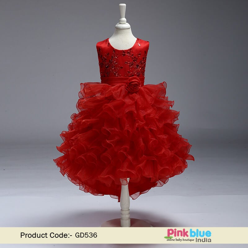 Paper Silk Fancy Work Red Sleeve Less Kid Girl Gown WJ101331