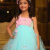 Tutu Birthday Party Dress for Kids in Pink Flowery Bodice and Cyan Flare