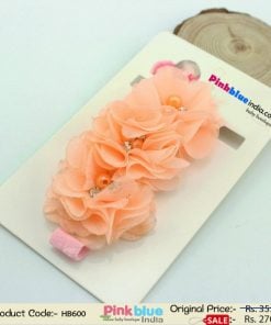 Unique Baby Pink Headband with Light Orange Net Flowers for Indian Infants