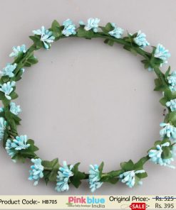 Unique Tiara Band with Blue and White Bead Flowers and Green Leaves