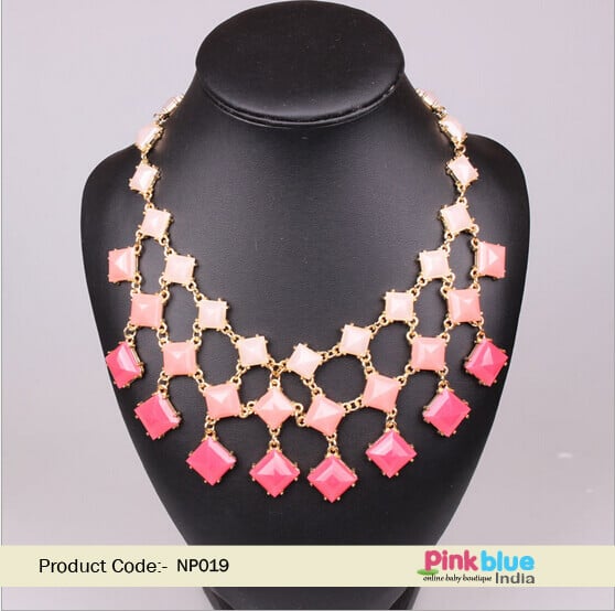 Uptown Fashion Necklace with Assortment of Peach, Salmon and Pink Stones