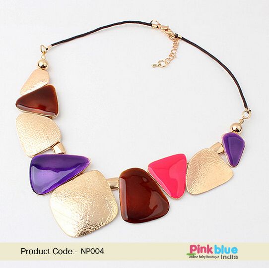 intage Costume Necklace in Golden Motif with Purple, Maroon and Pink Beads