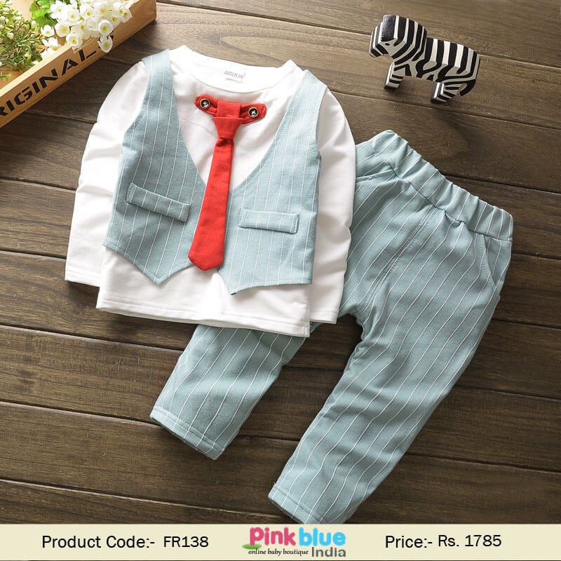 Boys Shirt Tie and Sea Green Waistcoat Sets - Baby Boy Occasions Wear