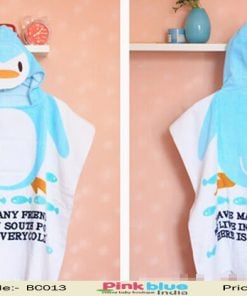 childrens hooded poncho towel White and Blue Penguin Design