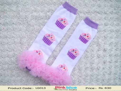 Beautiful White and Lavender Leg Warmers for Young Children with Ruffles