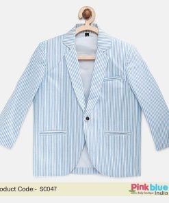 Buy White and Blue Vertical Striped Blazer for Boys