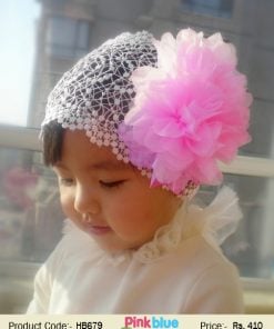 Beautiful White Crochet Hair Band for Baby Girls with Net Flower in Pink