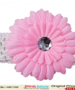 White Crochet Headband for Children with Baby Pink Flower