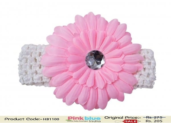 White Crochet Headband for Children with Baby Pink Flower