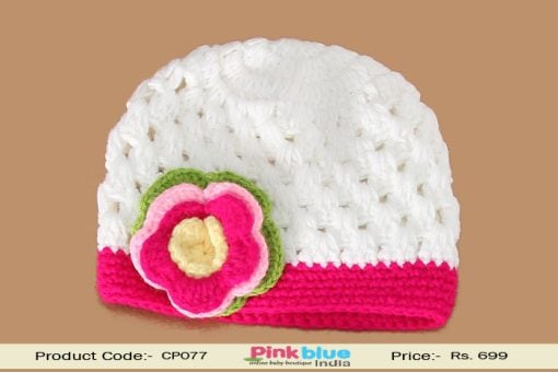Exquisite White Handmade Crochet Knitted Winter Hat for Kids in India