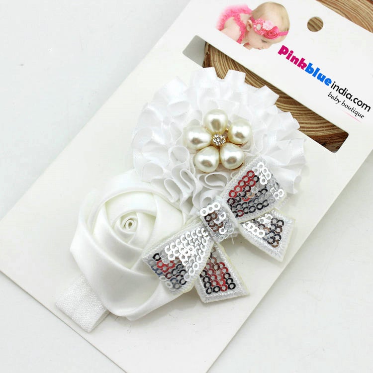 White Floral Hair Band for Infants with Golden Pearl and Embellishments