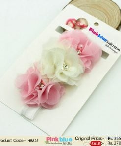 White Hair Band for Toddlers in India with Flowers in Pink and Cream
