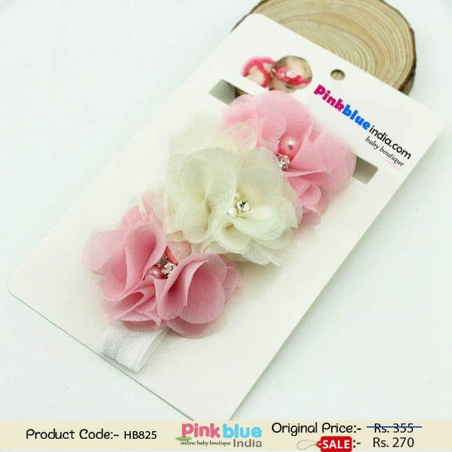 White Hair Band for Toddlers in India with Flowers in Pink and Cream