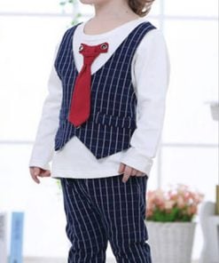 Stylish Baby Boys White T-Shirt With Waistcoat, Tie and Blue Striped Pant Set