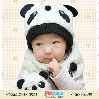 Beautiful White Warm Winter Panda Cap for Kids with Muffler