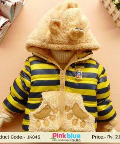 Yellow and Black Stripped Designer Jacket for Kids with Brown Pooh Hood