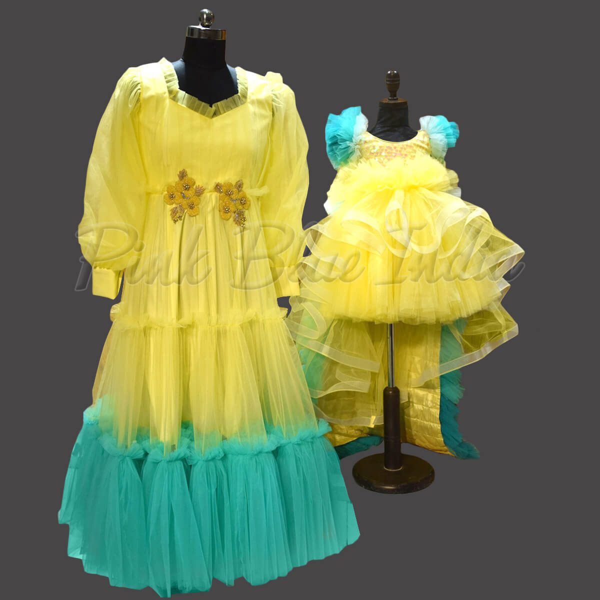 Yellow Color Mom and Daughter Matching Party Wear Gown