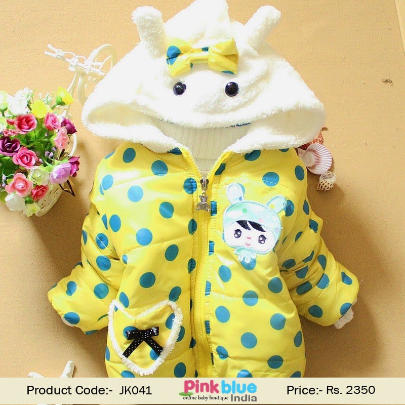 Buy Online Bright Yellow Winter Jacket with White Hood and Polka Dots