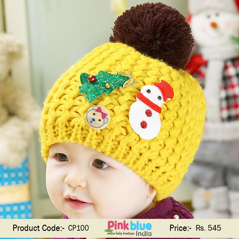 Cute Designer Yellow Woolen Knitted Newborn Christmas Cap with Brown Fur