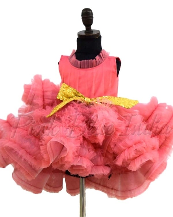 Peach party gown with ruffle layers and bow for girls birthday elegant outfit
