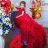 Designer princess red birthday gown with long tail for girls, cute party outfit