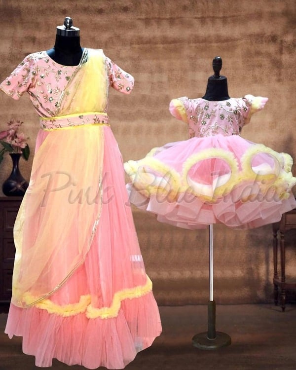 Mother baby coordinated naming ceremony outfit festive wear elegant matching look