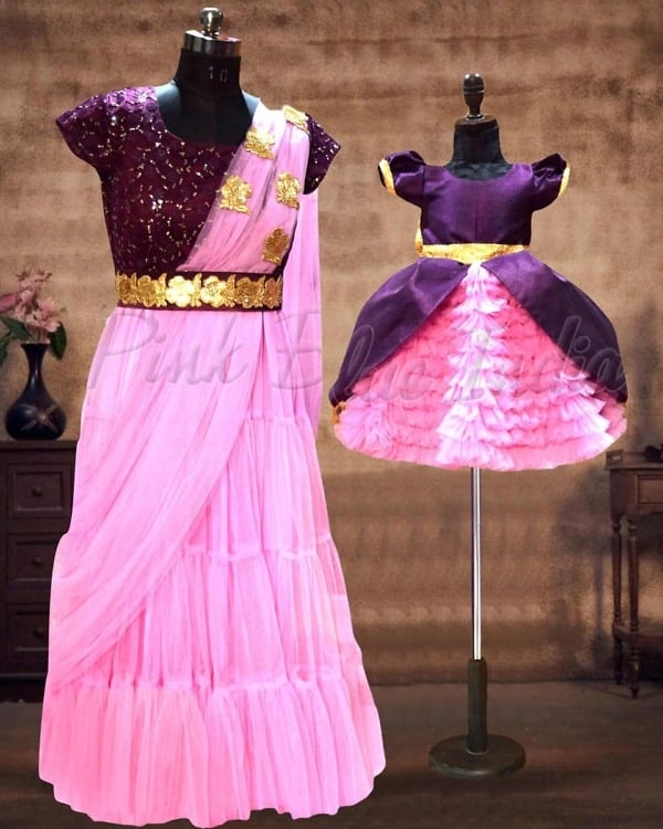 Mother daughter coordinated purple net dress set family party wear elegant outfit