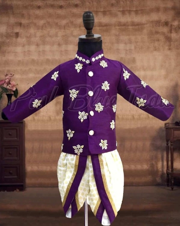 Boys silk jacket dhoti set purple kids festive wedding wear stylish ethnic outfit