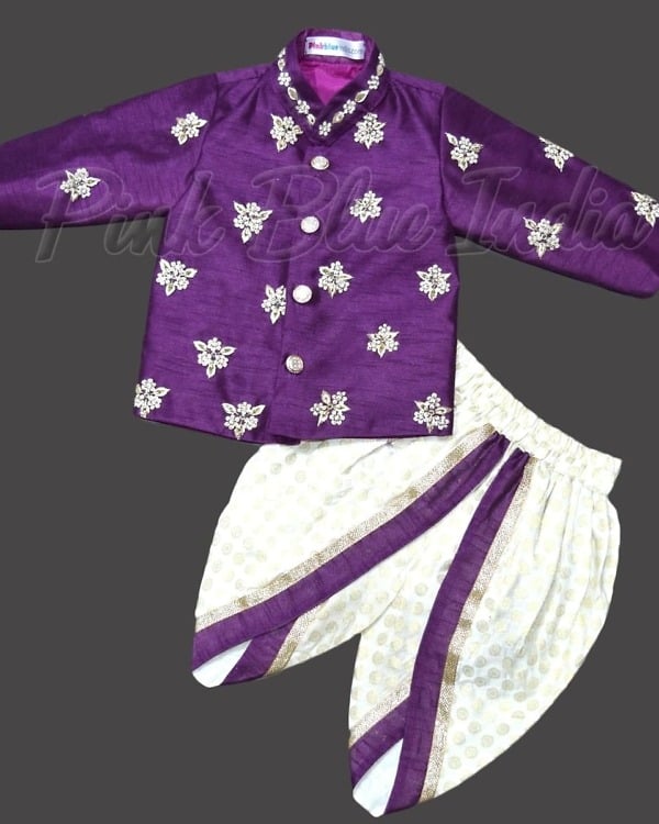 Purple traditional dhoti jacket outfit for baby boy festive wedding stylish look